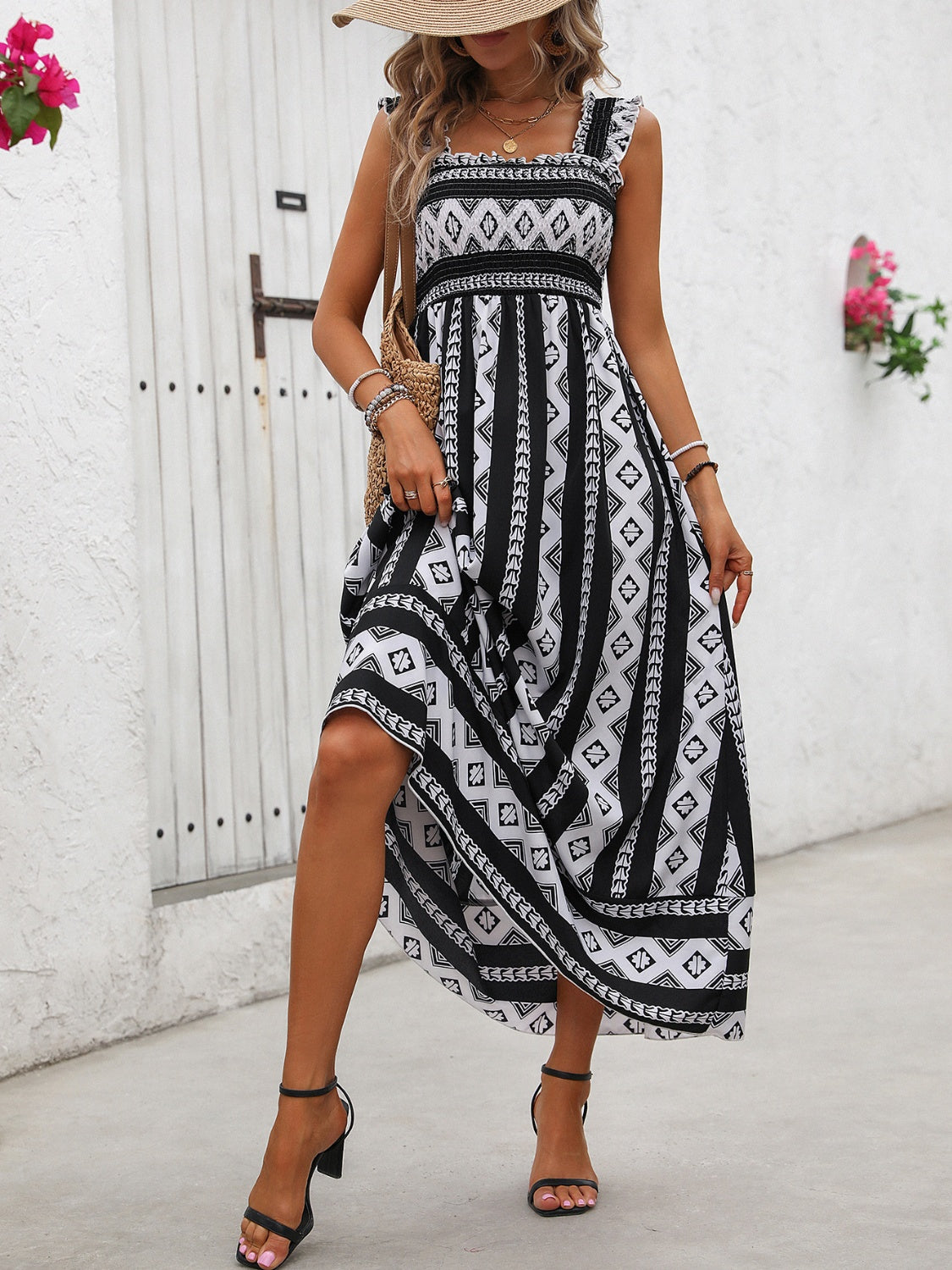 The Printed Square Neck Wide Strap Cami Dress