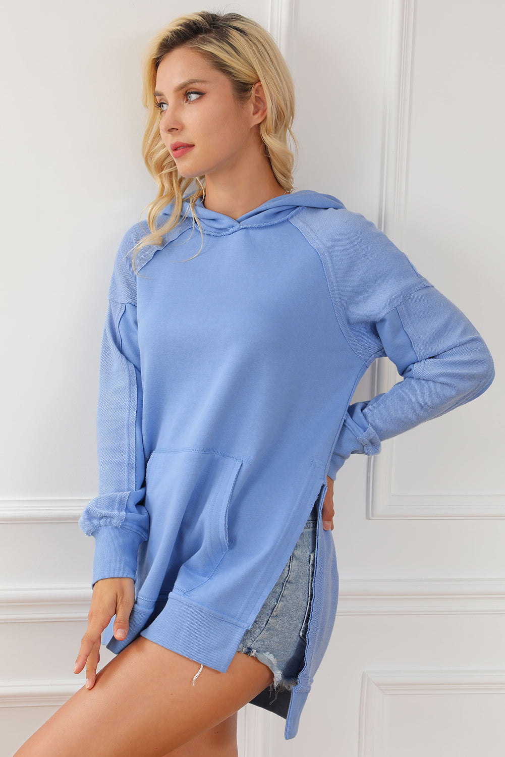 The Misty Blue Exposed Seam Slit Hoodie with Pocket