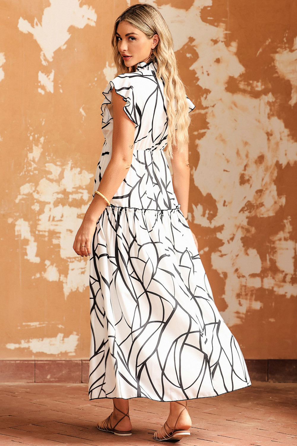 The Ruffled Printed Surplice Cap Sleeve Dress