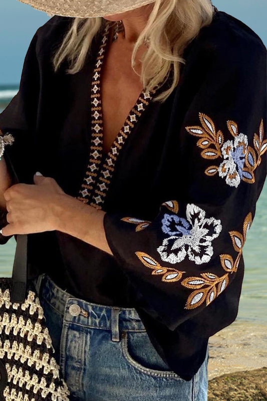 The Black Embroidered Three-Quarter Sleeve Blouse