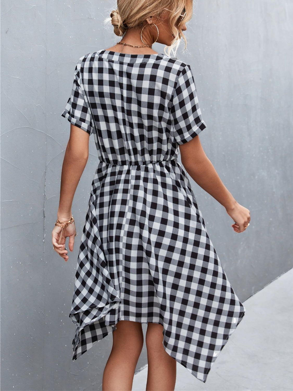 The Plaid Notched Short Sleeve Dress