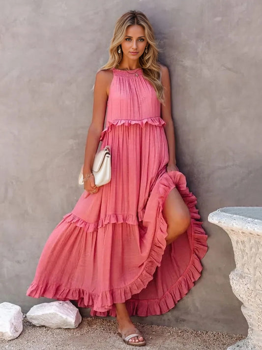 The Ruffled Sleeveless Tiered Maxi Dress with Pockets