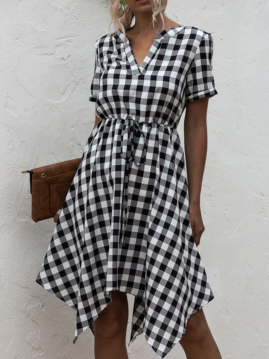 The Plaid Notched Short Sleeve Dress