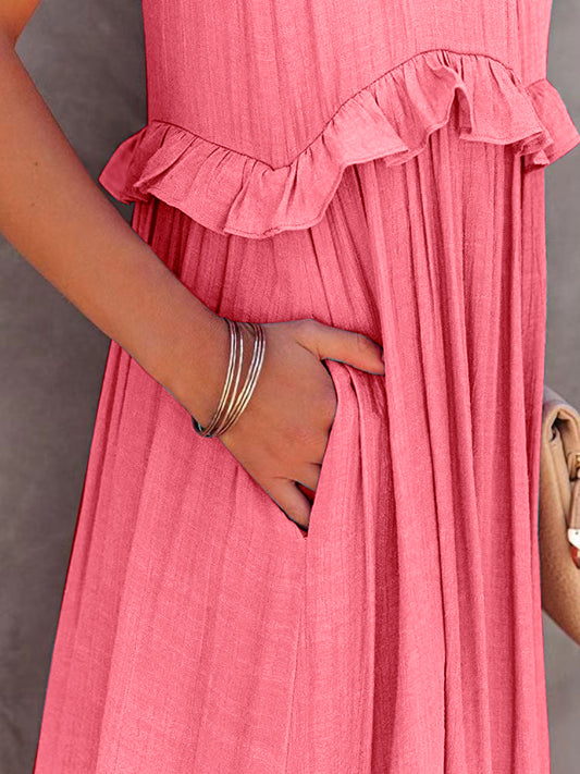 The Ruffled Sleeveless Tiered Maxi Dress with Pockets