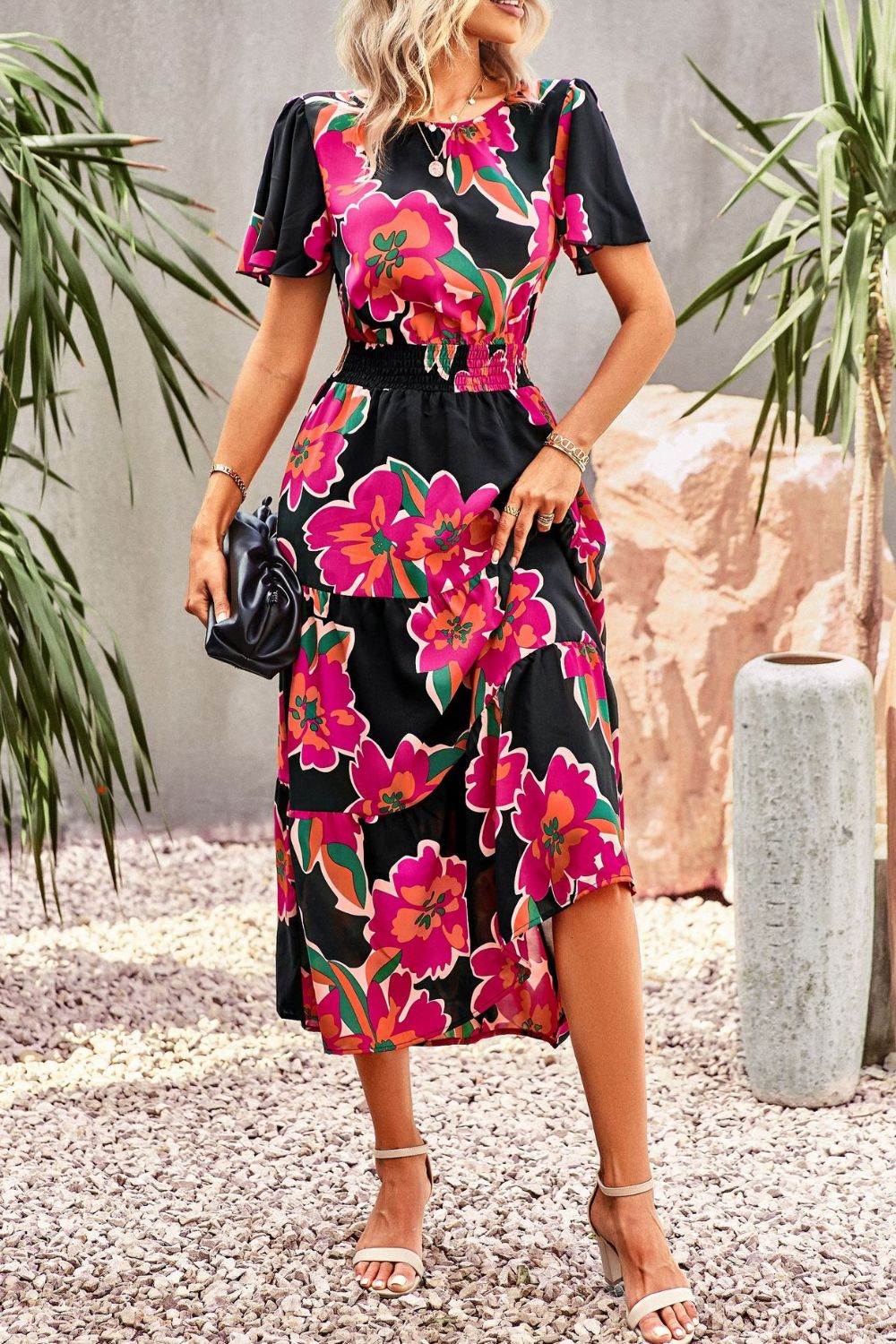 The Bold Floral Puff Sleeve Midi Dress