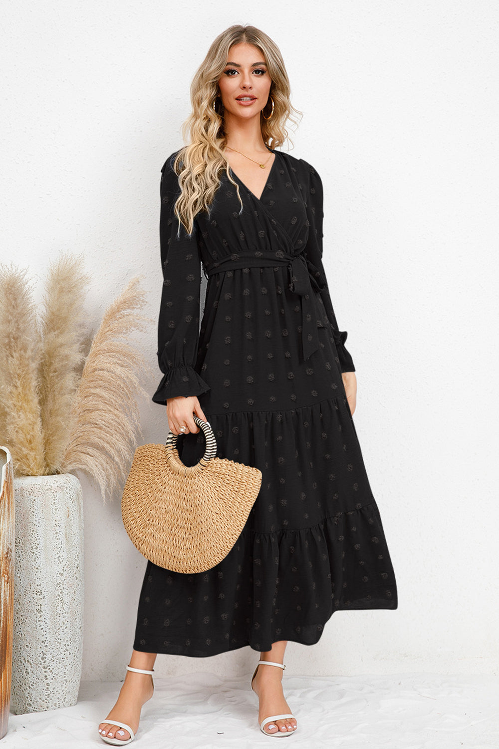 The Swiss Dot Tied Surplice Flounce Sleeve Dress