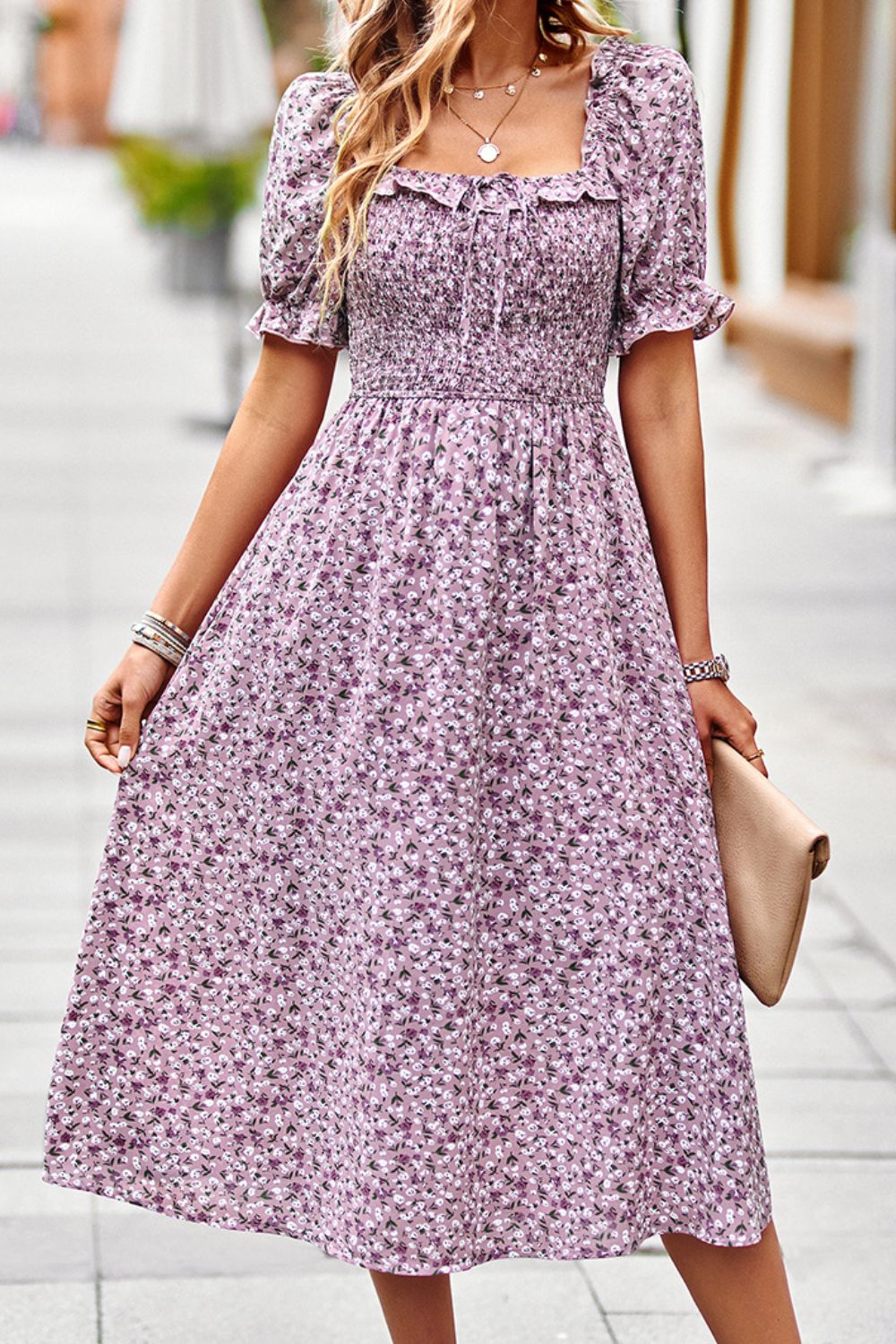 The Purple Floral Ruffled Square Neck Dress with Pockets