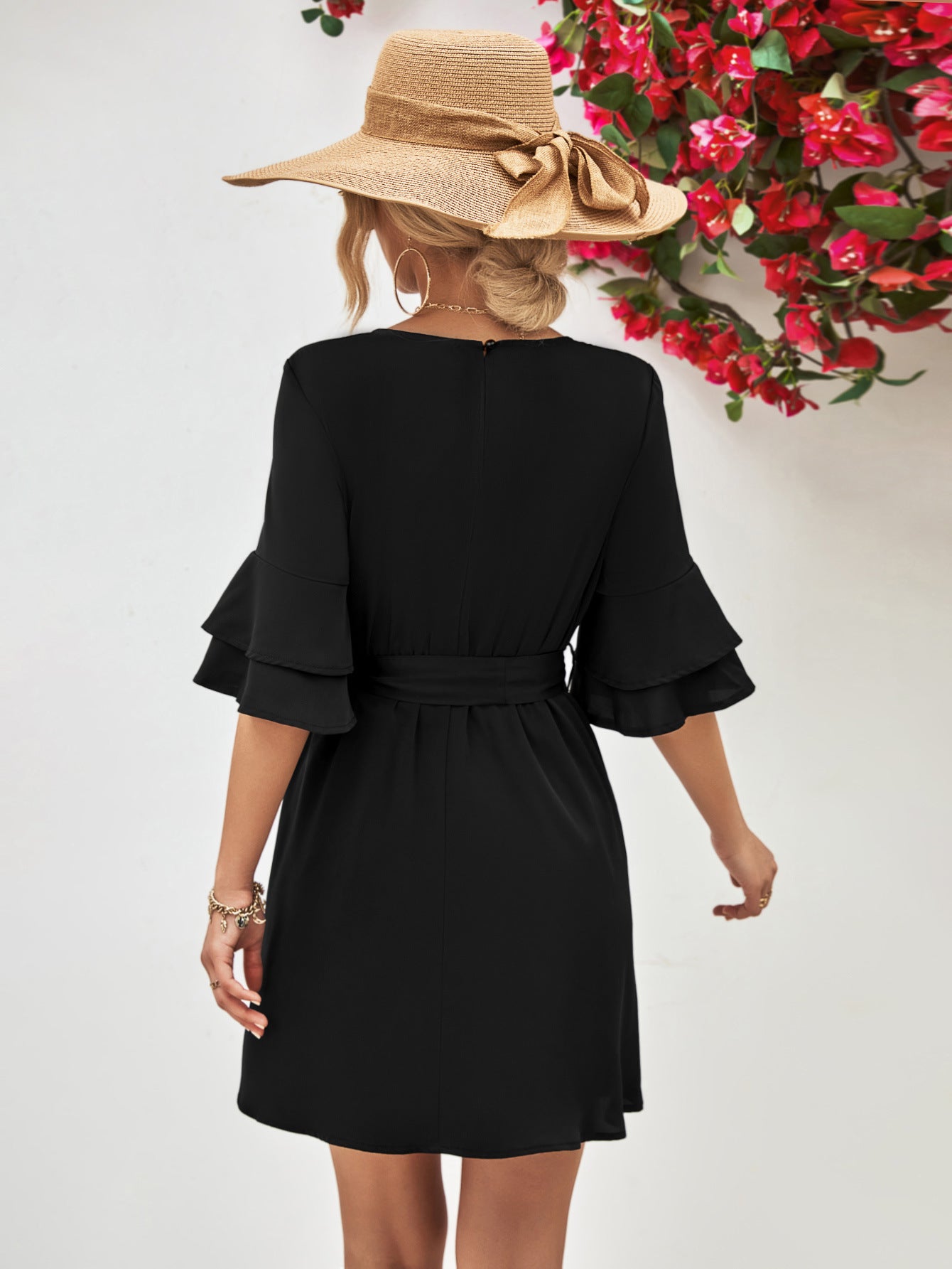 The Thriver Tie Belt Flounce Sleeve Dress