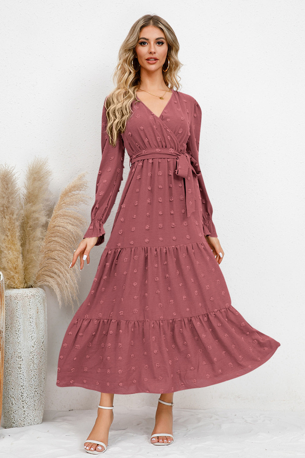 The Swiss Dot Tied Surplice Flounce Sleeve Dress