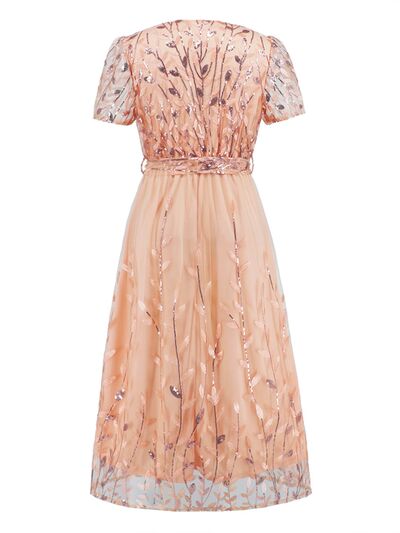 The Sequin Leaf Embroidery Tie Front Dress