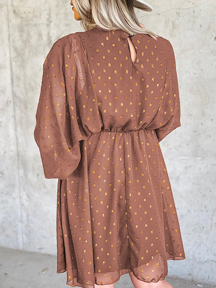 The Ochre Shimmer Lantern Sleeve Printed Dress