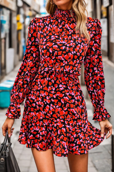 The Heart Printed Mock Neck Flounce Sleeve Dress