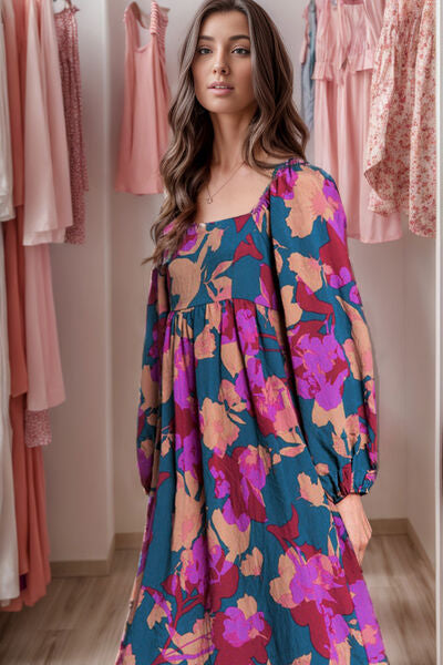 The Colorful Square Neck Balloon Sleeve Midi Dress