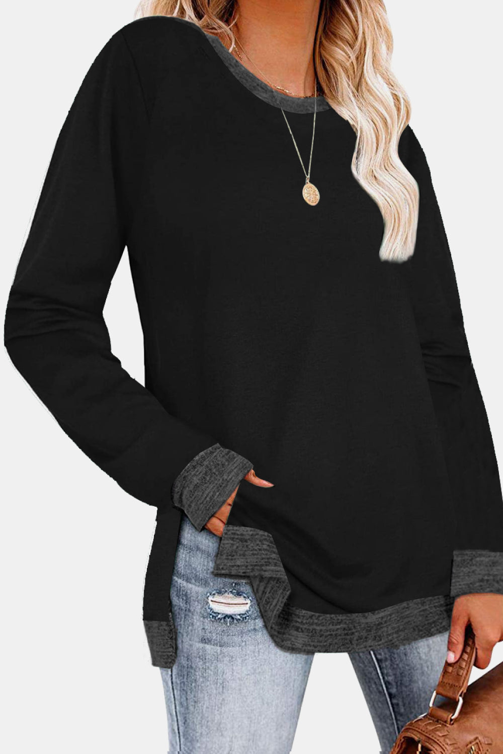 The Round Neck Long Sleeve Slit Sweatshirt