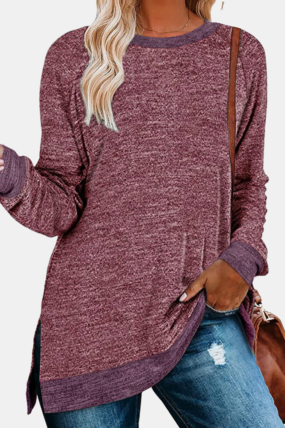 The Round Neck Long Sleeve Slit Sweatshirt