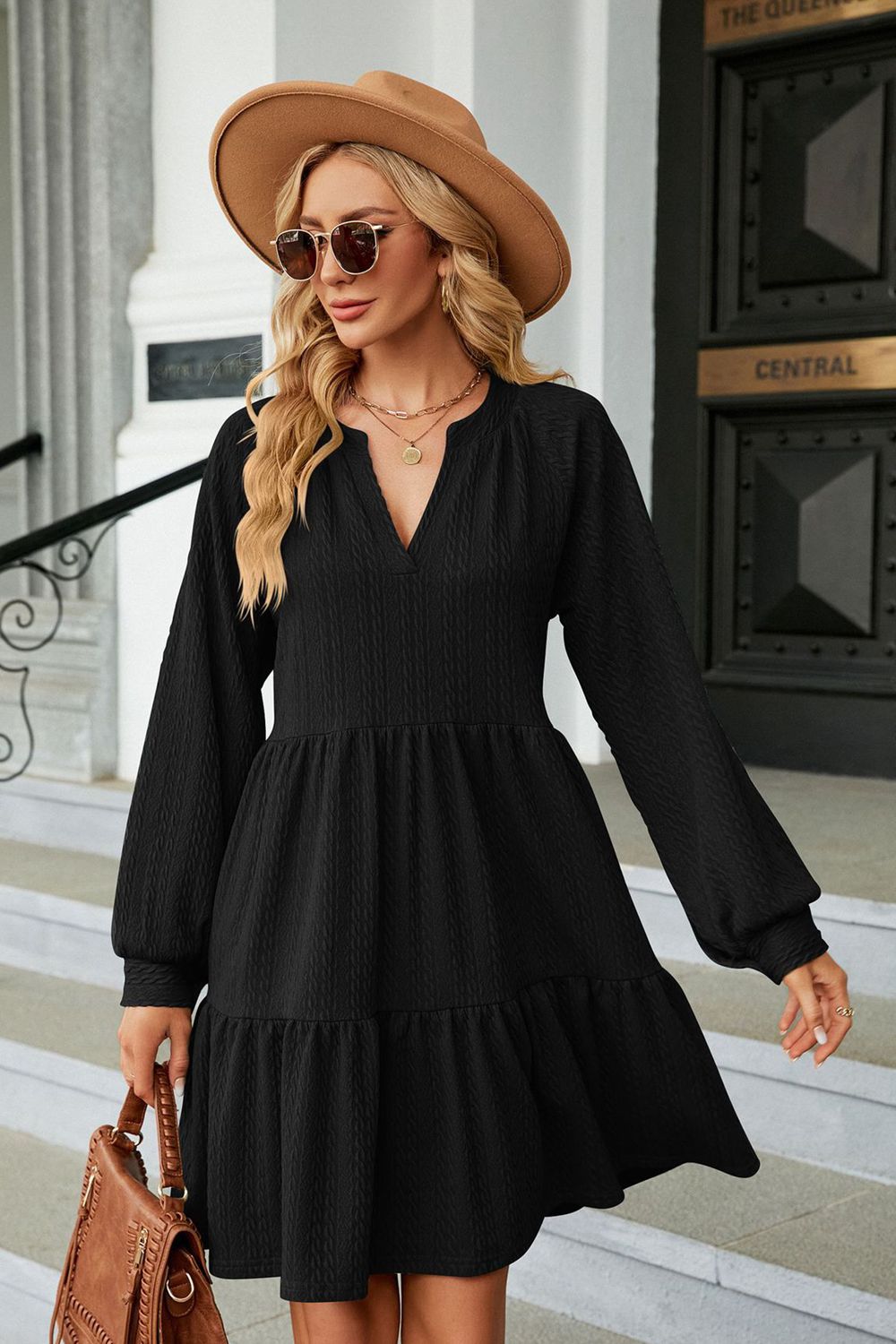 The Notched Neck Long Sleeve Mini Dress