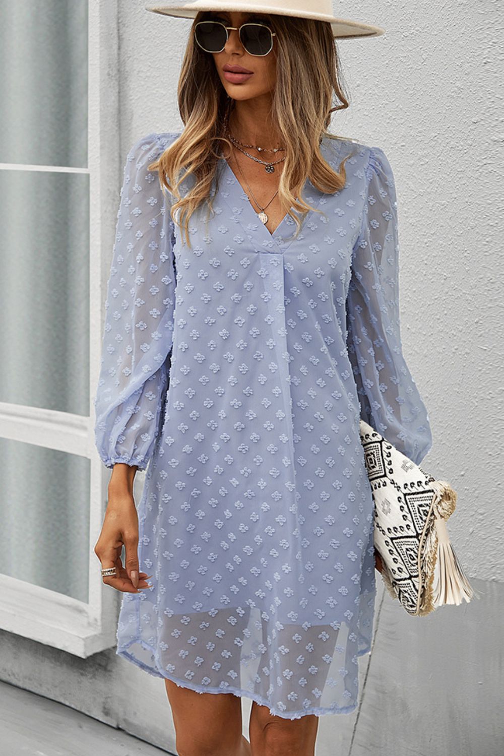 The Swiss Dot Dress in Misty Blue