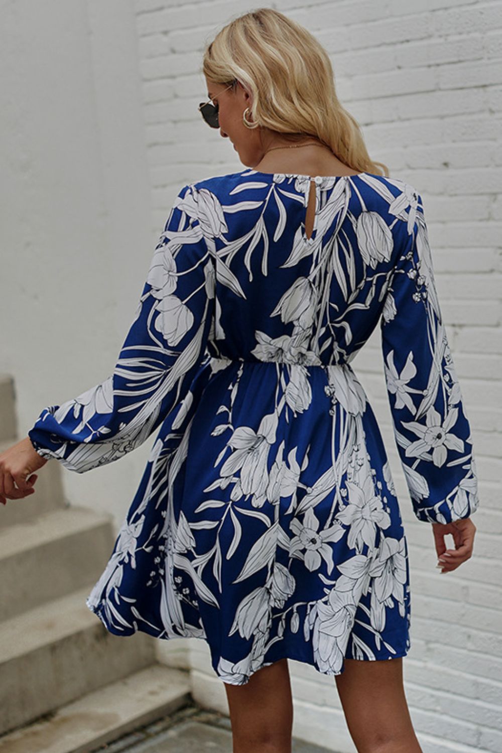 The Silk Navy Floral Balloon Sleeve Dress