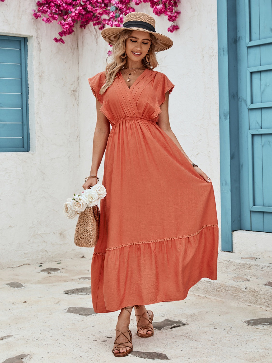 The Terracotta Ruffled Surplice Cap Sleeve Dress