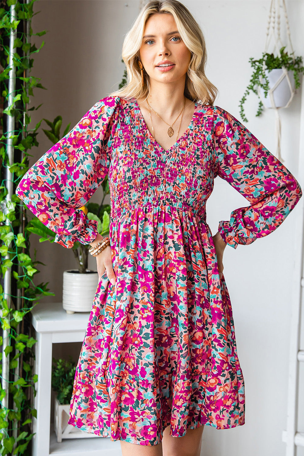 The Three-Quarter Floral Flounce Sleeve Dress