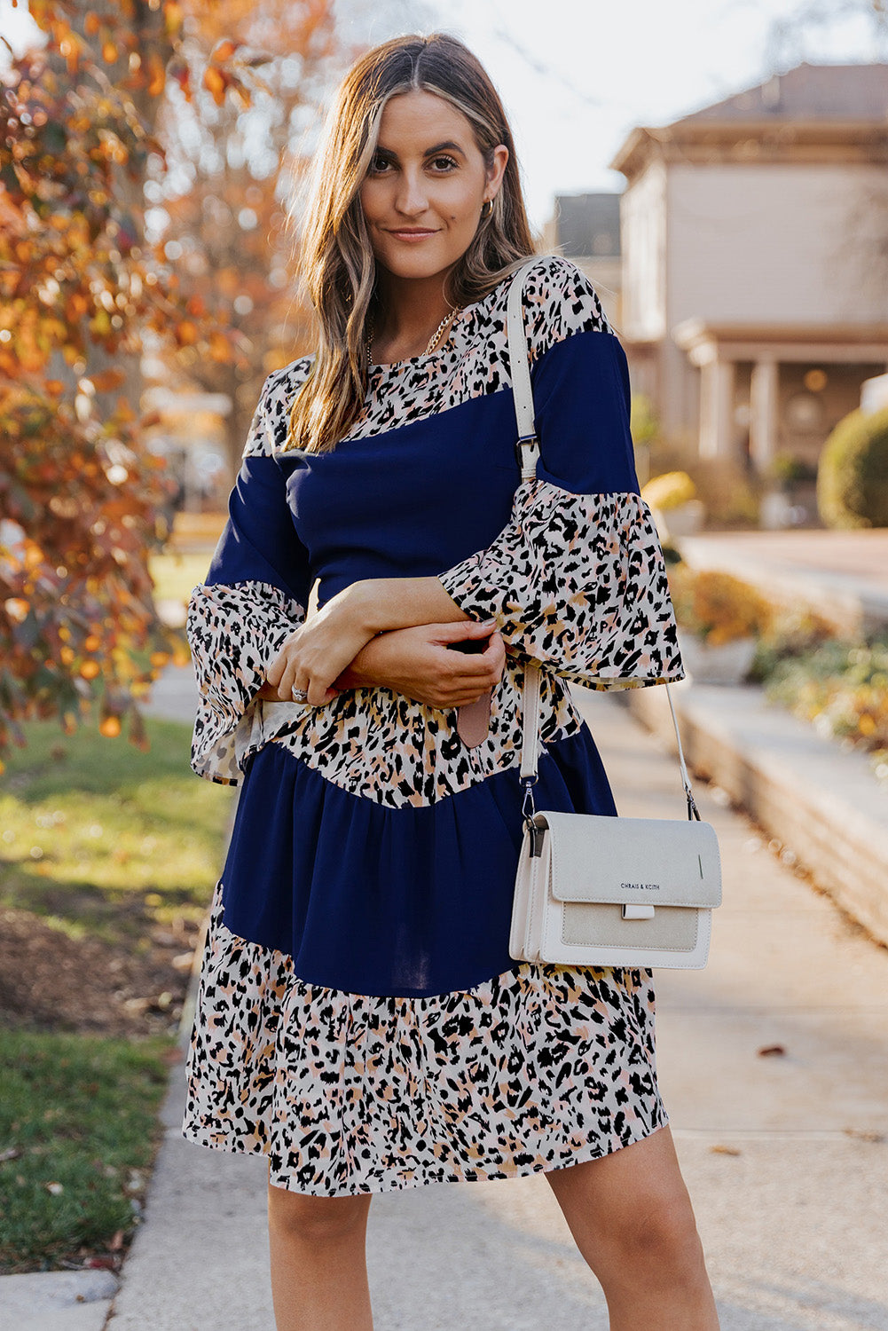 The Animal Print Color Block Flare Sleeve Dress