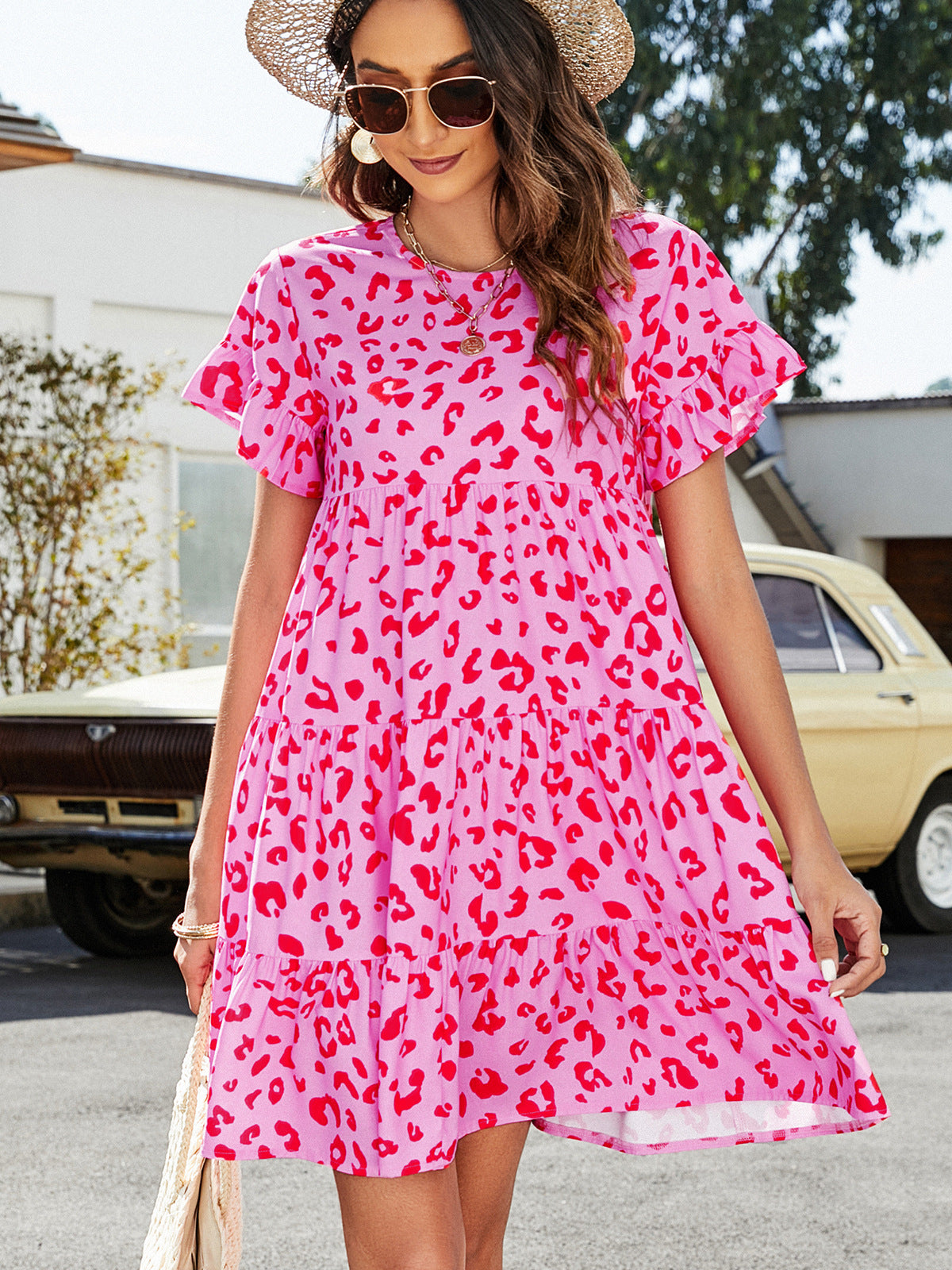 The Bubble Gum Pink Leopard Tiered Dress