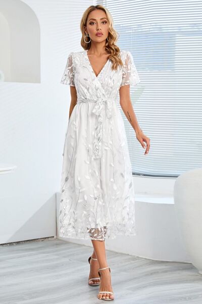 The Sequin Leaf Embroidery Tie Front Dress