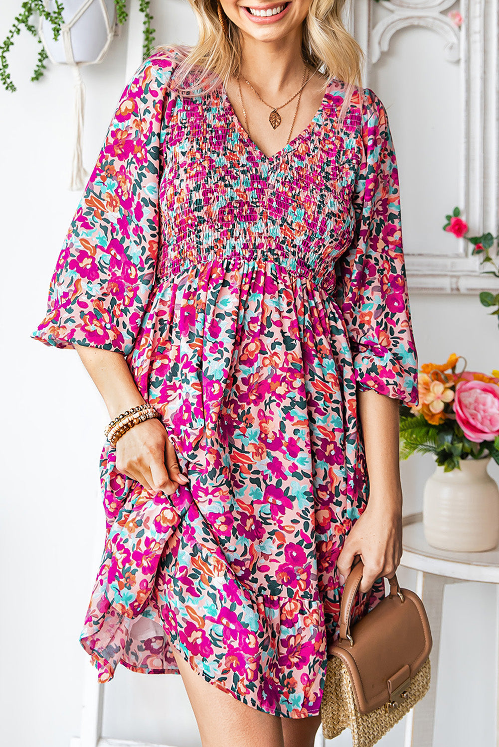 The Three-Quarter Floral Flounce Sleeve Dress