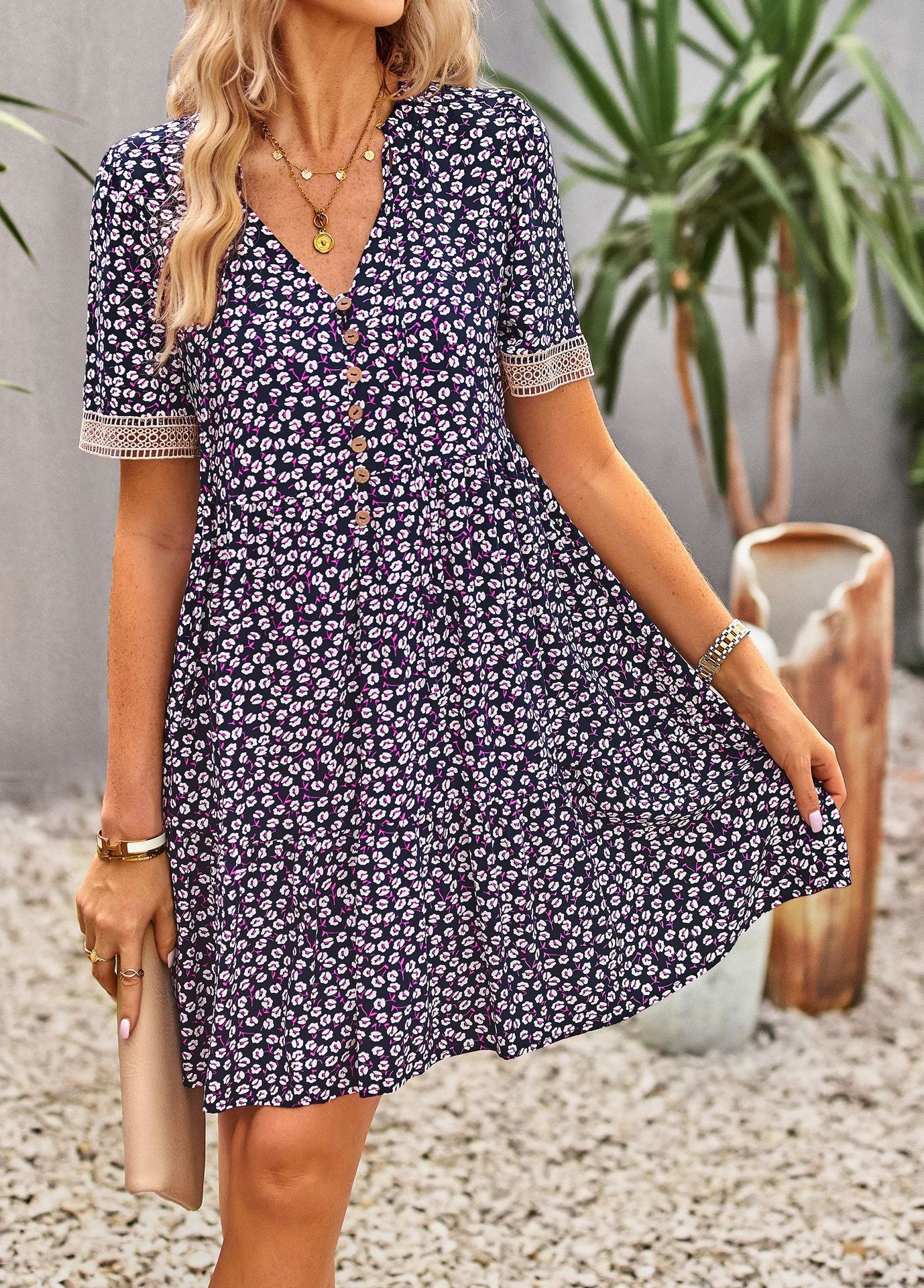 The Violet Floral Buttoned Puff Sleeve Dress