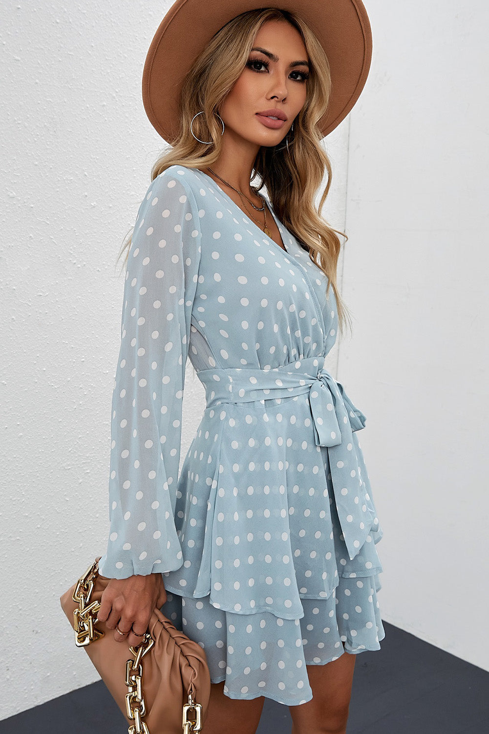 The Misty Blue Polka Dot Balloon Sleeve Dress