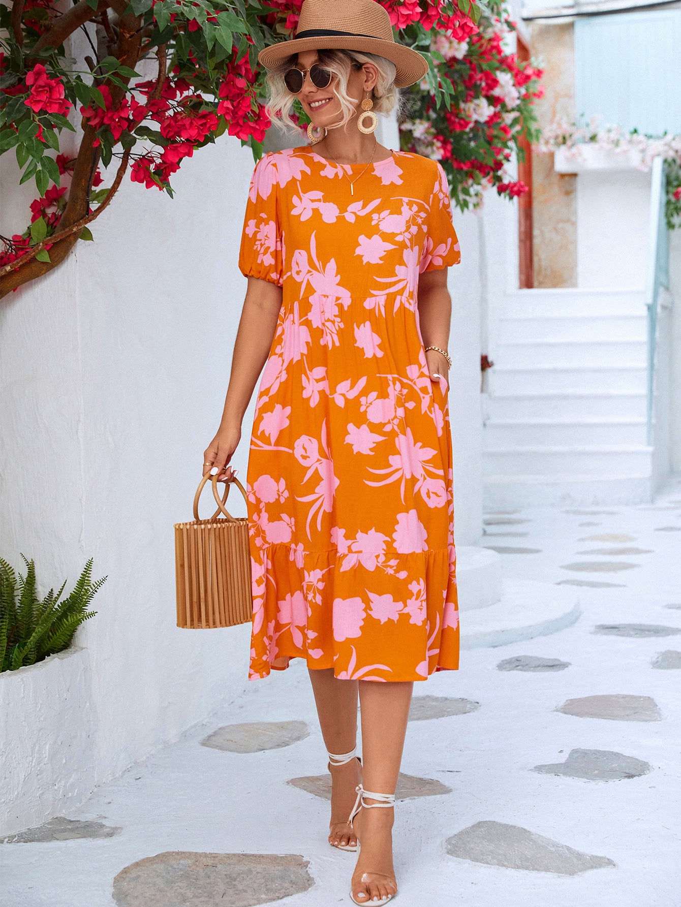 The Bright Orange & Pink Ruffle Hem Midi Dress