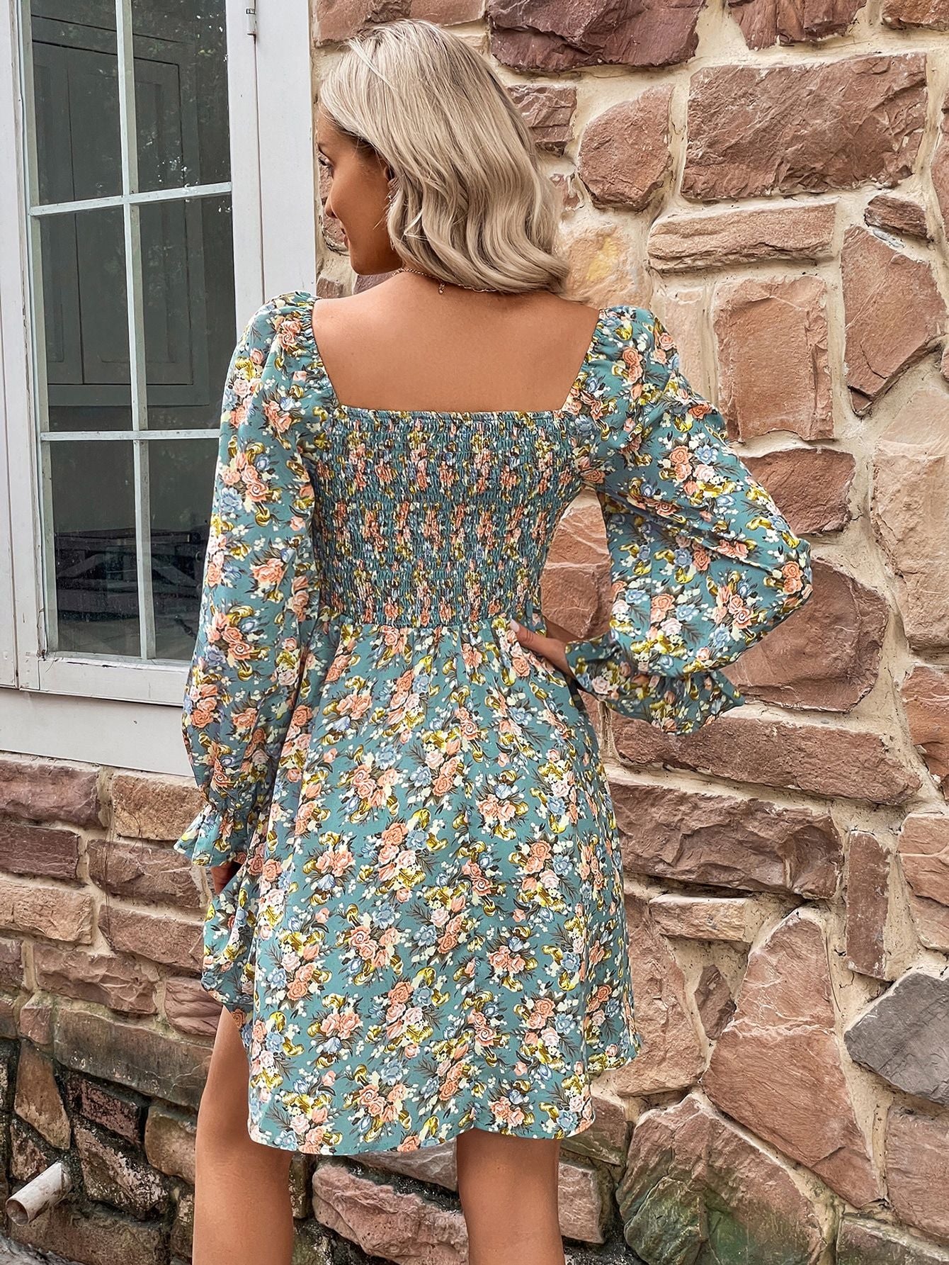 The Turquoise Floral Square Neck Dress