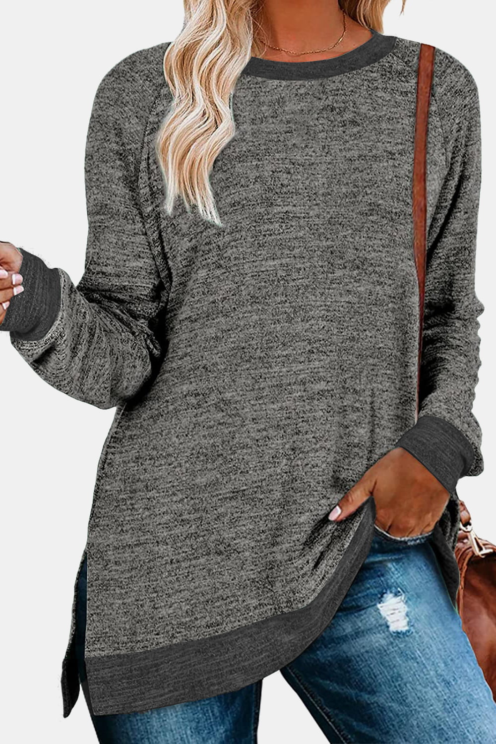 The Round Neck Long Sleeve Slit Sweatshirt