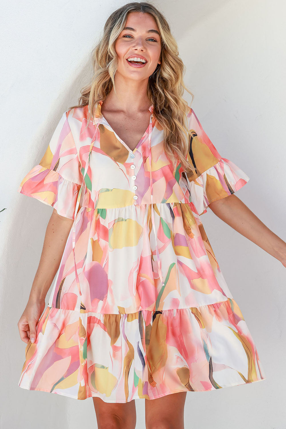 The Peach Tie Neck Flounce Sleeve Mini Dress