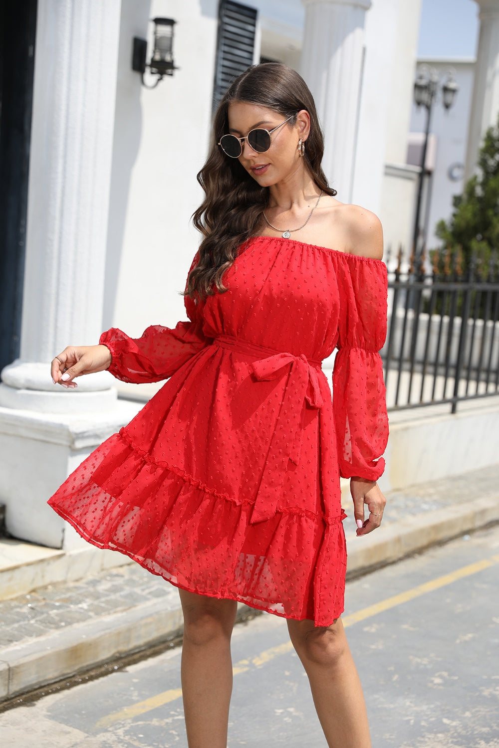 The Swiss Dot Off-Shoulder Balloon Sleeve Dress