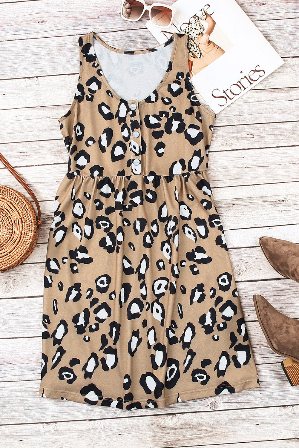 The Tan Leopard Buttoned Sleeveless Dress