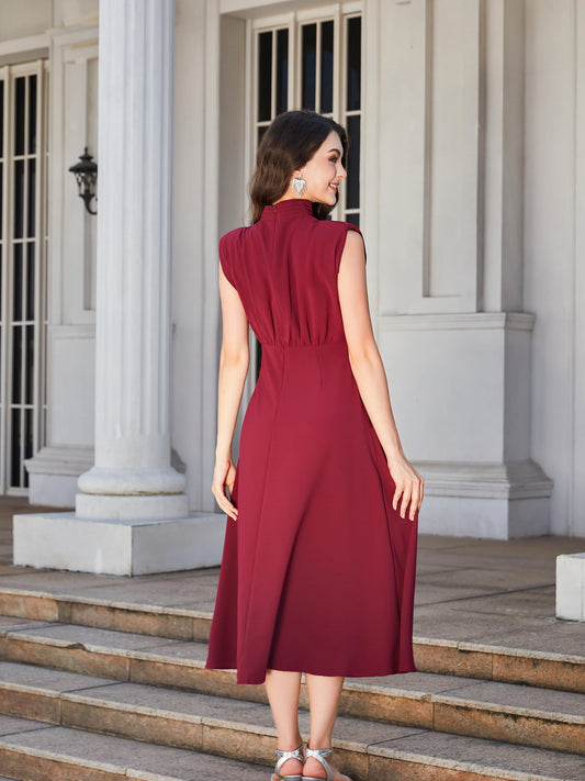 The Ruched Mock Neck Cap Sleeve Midi Dress