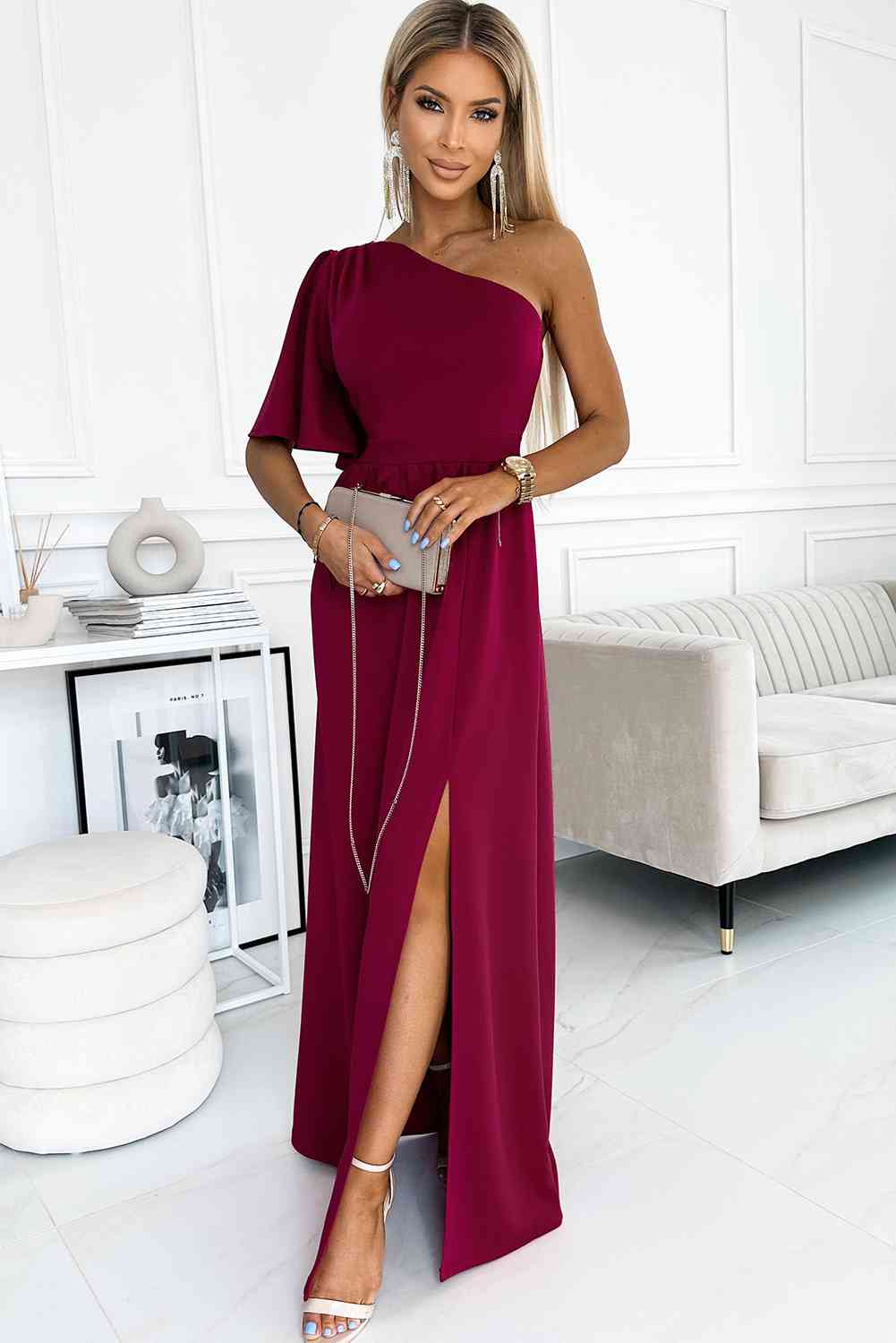 The Deep Red One-Shoulder Flutter Sleeve Dress