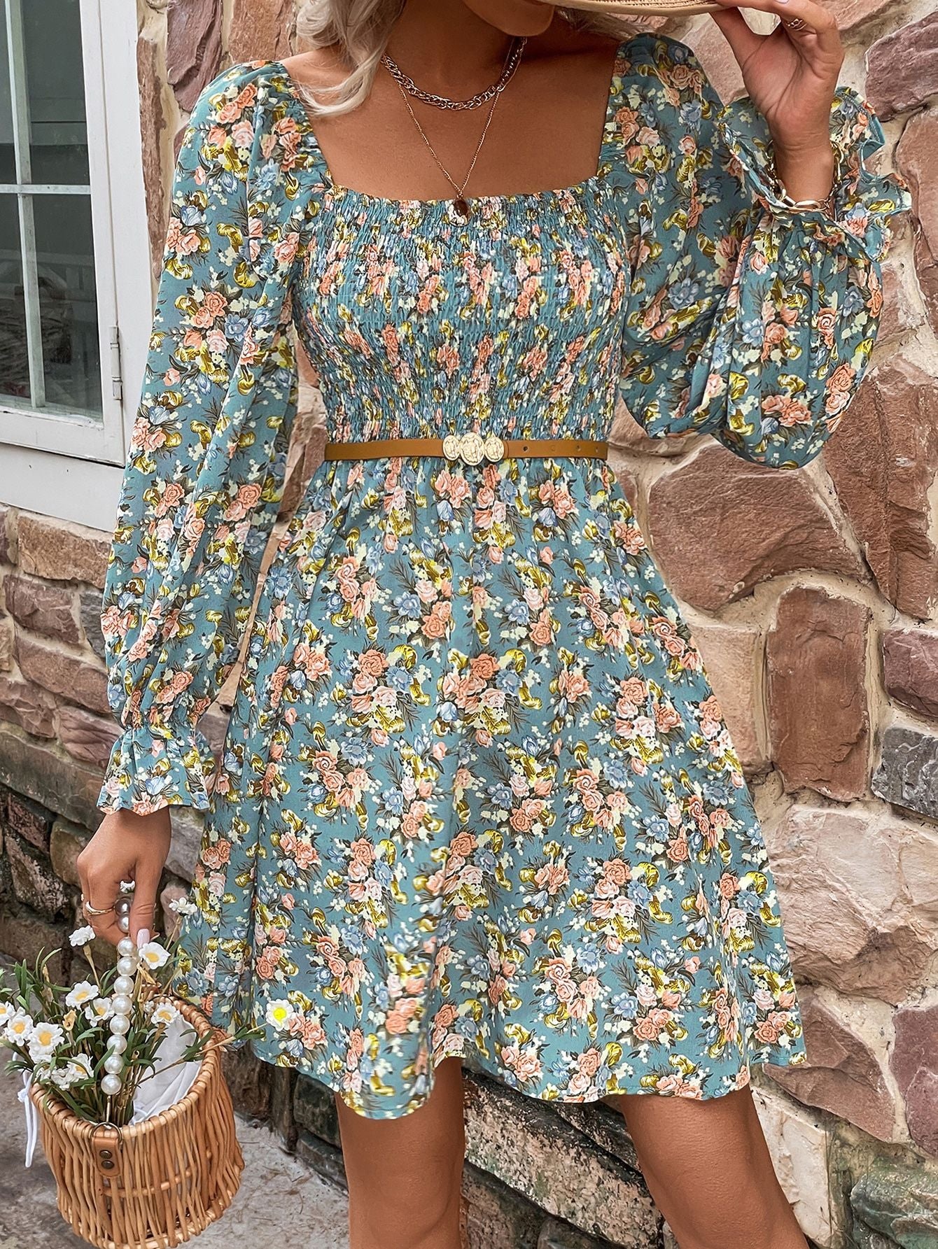 The Turquoise Floral Square Neck Dress