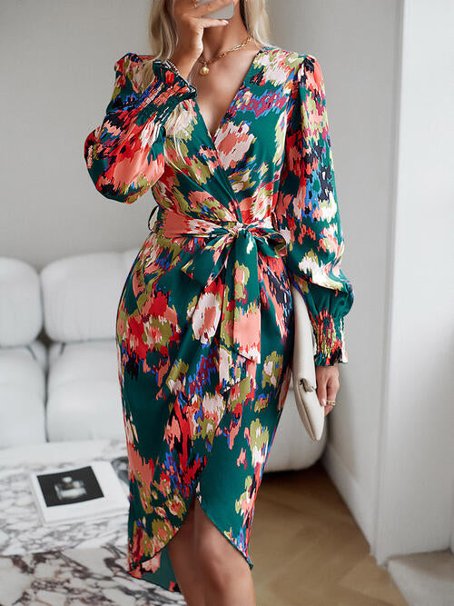 The Printed Tie Front Lantern Sleeve Dress