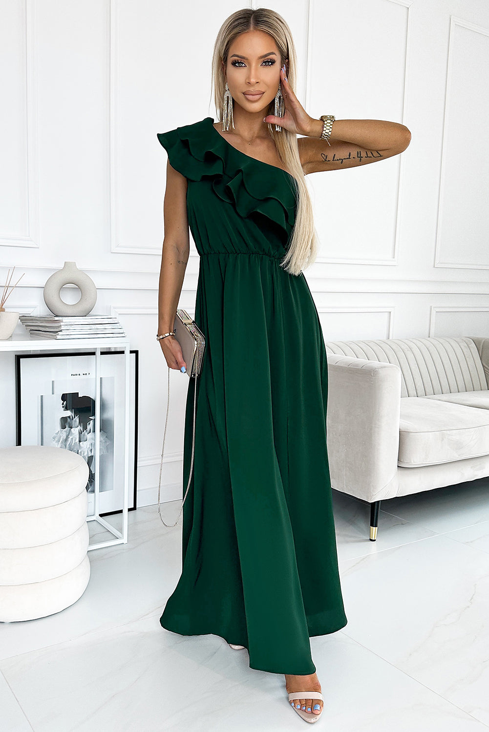 The One-Shoulder Ruffled Maxi Dress