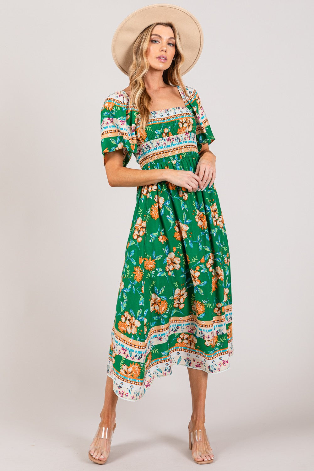 The SAGE + FIG Printed Smocked Short Sleeve Midi Dress