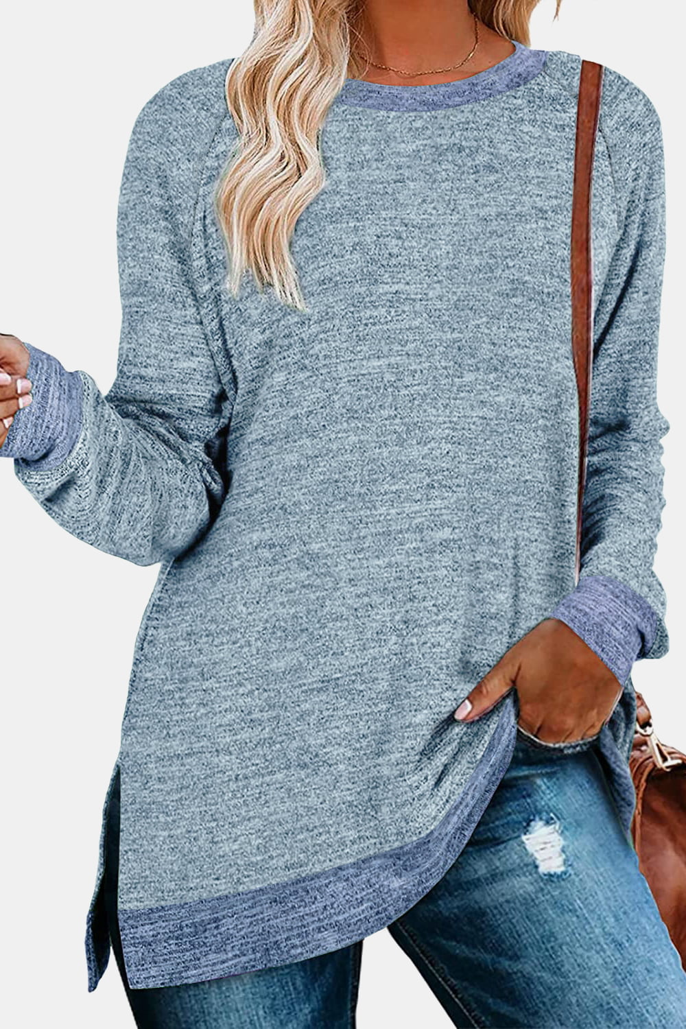 The Round Neck Long Sleeve Slit Sweatshirt