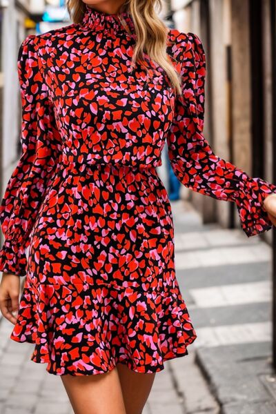 The Heart Printed Mock Neck Flounce Sleeve Dress