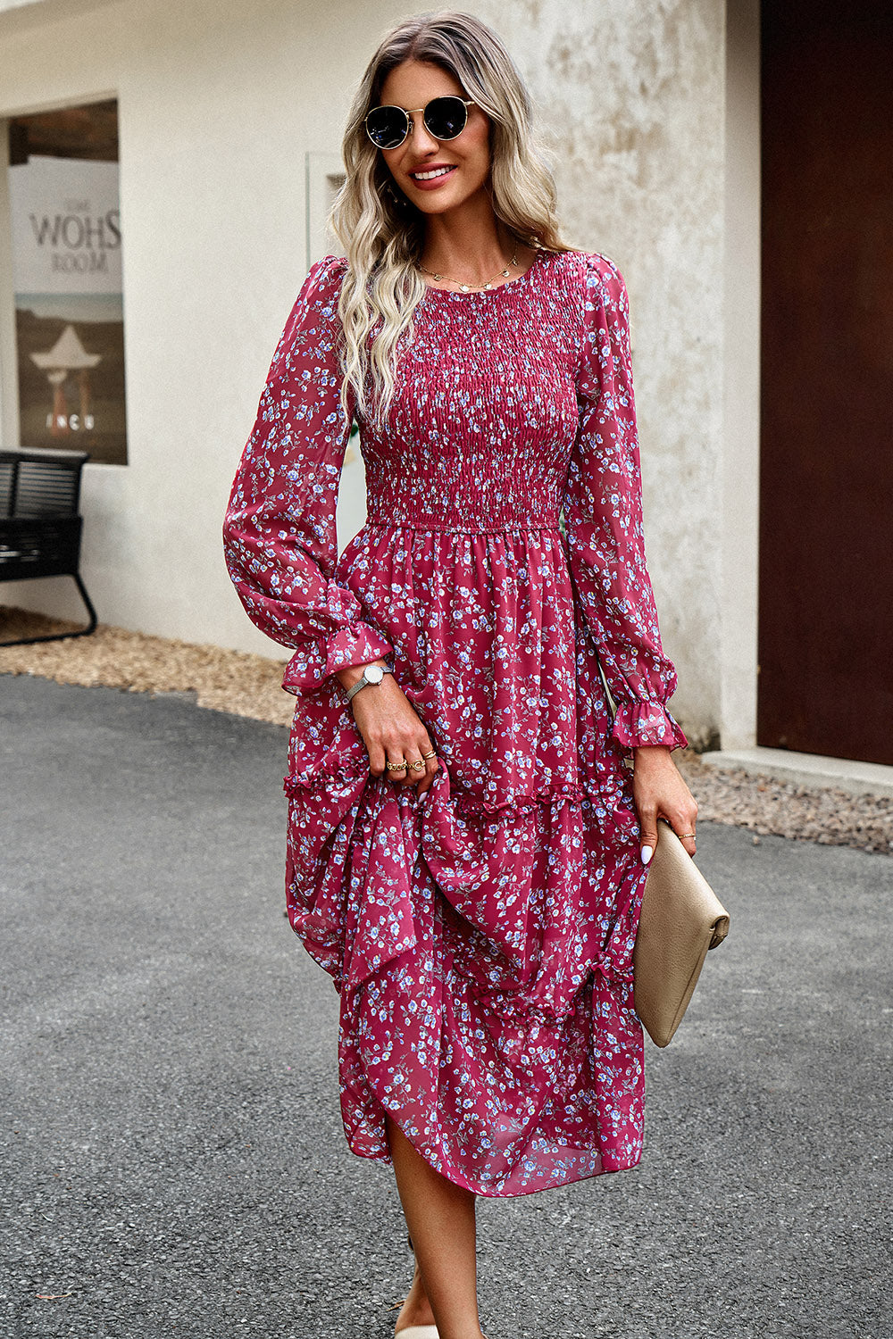 The Sweet Smocked Flounce Sleeve Midi Dress