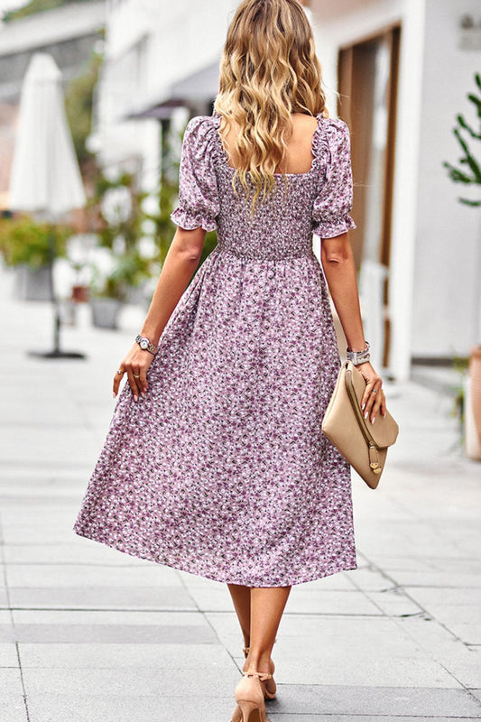 The Purple Floral Ruffled Square Neck Dress with Pockets