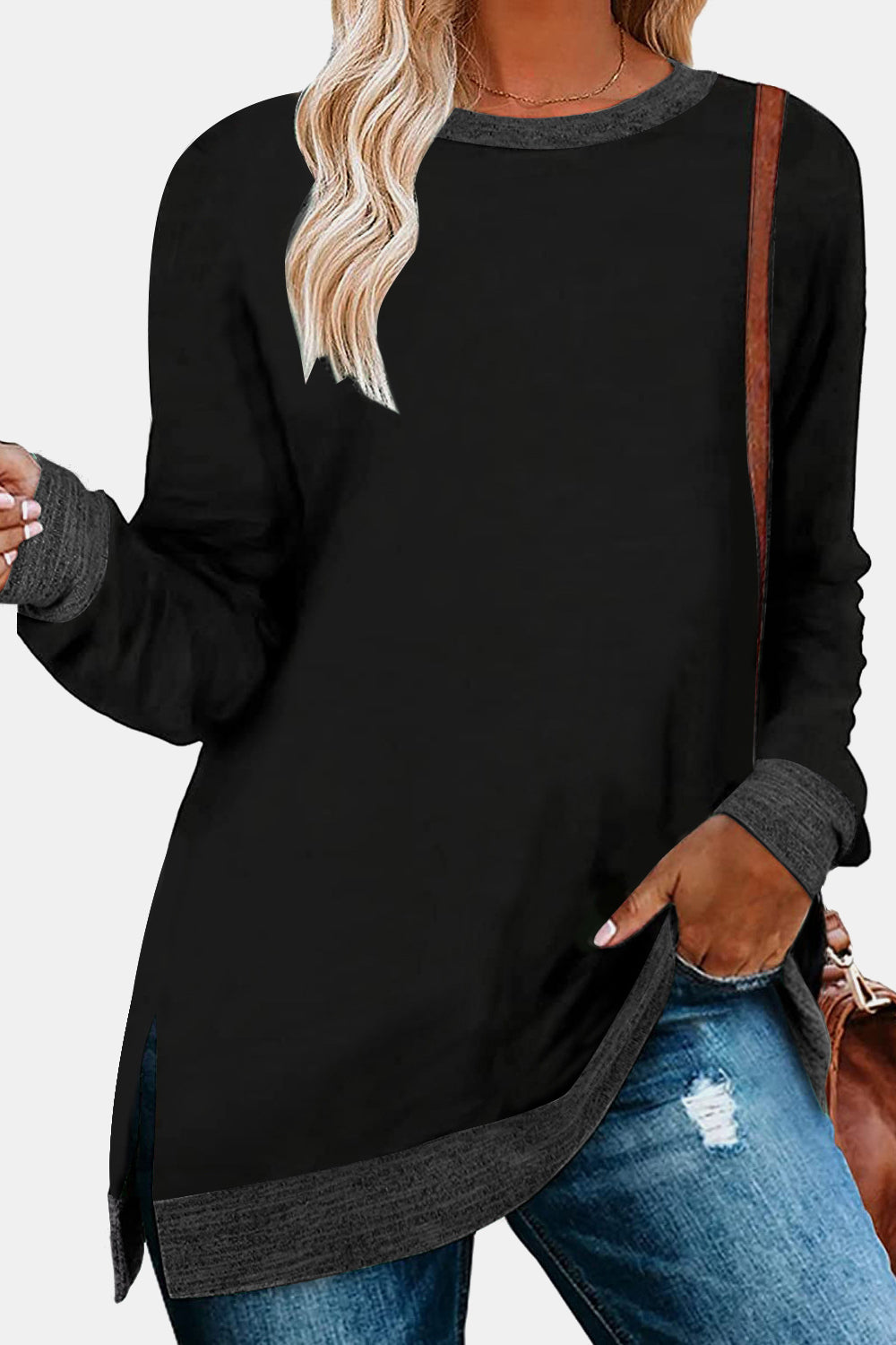 The Round Neck Long Sleeve Slit Sweatshirt