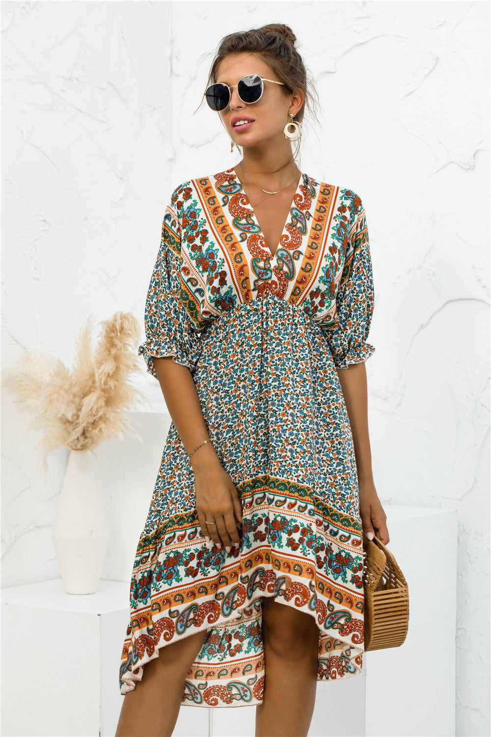 The Printed Bohemian V Neck Dress