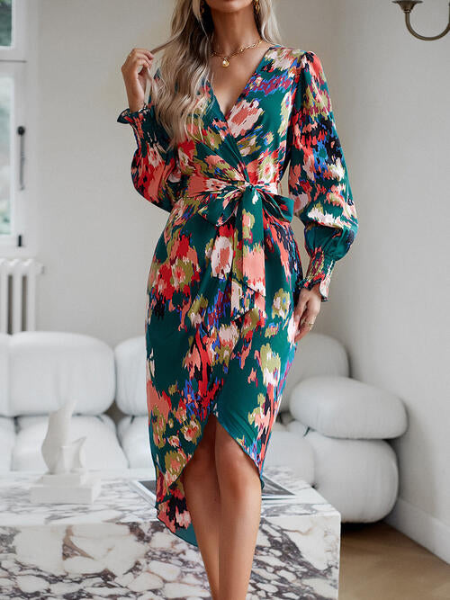 The Printed Tie Front Lantern Sleeve Dress