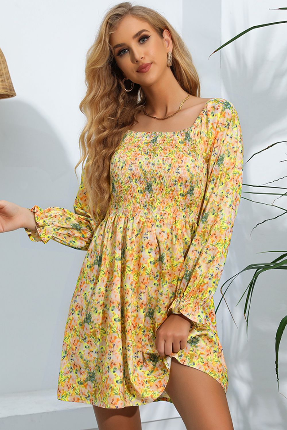 The Fresh Floral Smocked Square Neck Dress